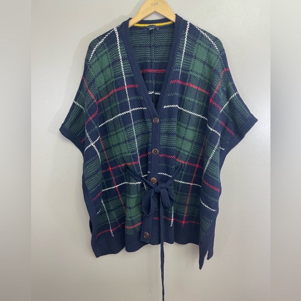 Tommy Hilfiger Plaid button down poncho size one size wool blend tie waist